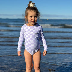 Wild & Co Wavy Check Long Sleeve Onesie Swim - Purple