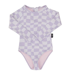 Wild & Co Wavy Check Long Sleeve Onesie Swim - Purple