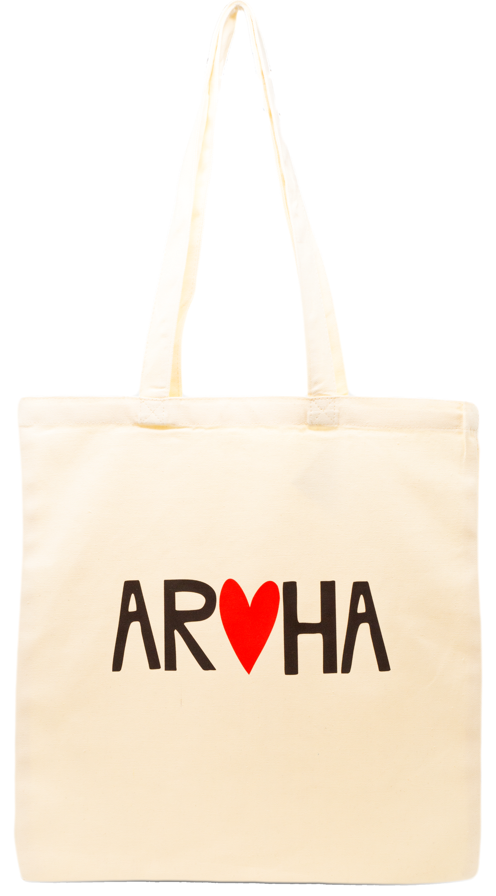Beige tote bag with 'AROHA' text and red heart symbol on a white background