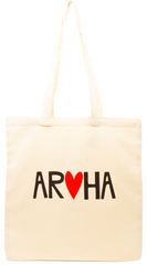 Beige tote bag with 'AROHA' text and red heart symbol on a white background