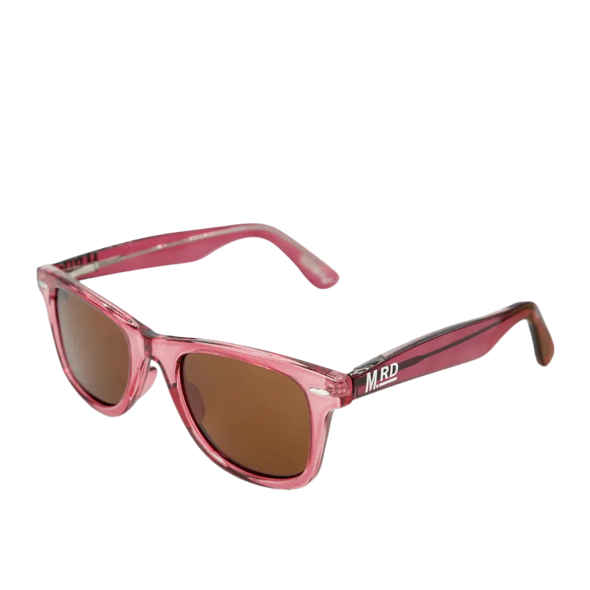 Pink sunglasses with brown lenses on a white background
