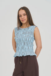 Huffer Womens Stripe Bridget Shirred Top - Bay Blue