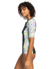 Roxy New SS Lycra Zipped Throught Rash Vest - Purple Rose Blumen