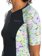 Roxy New SS Lycra Zipped Throught Rash Vest - Purple Rose Blumen