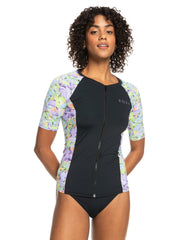 Roxy New SS Lycra Zipped Throught Rash Vest - Purple Rose Blumen