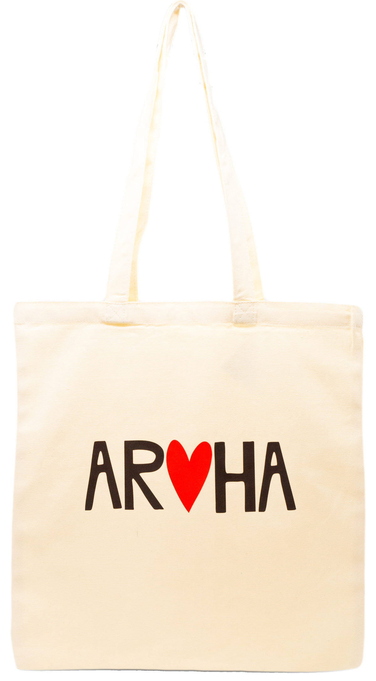 Beige tote bag with 'AROHA' text and red heart symbol on a white background