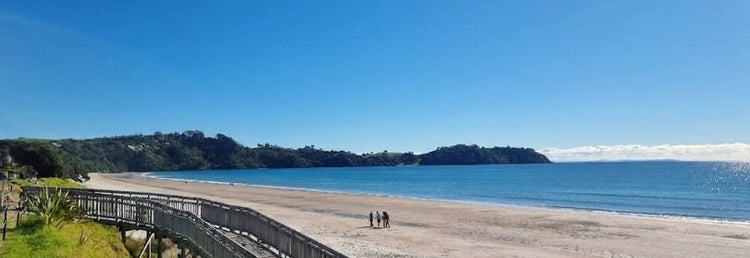 Onetangi beach scene with a wooden walkway leading to the shore under a clear blue sky.
