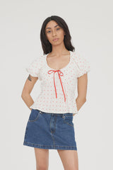 Huffer Bardot Celine Top - Chalk/Red