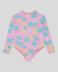 Roxy Girls 2-7 Tropical Square LS Onesie Swimsuit - Bonbon Hibiscus
