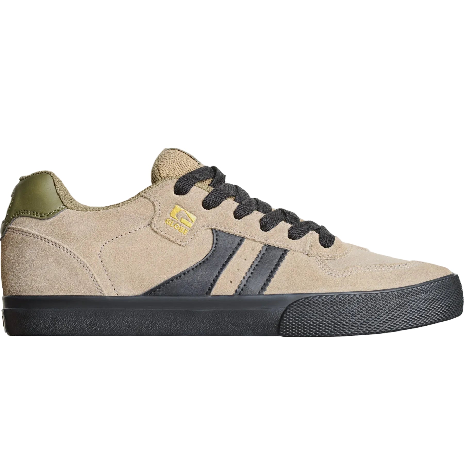 A low-top skate shoe by Skate North in beige suede with black side stripes, black laces, and a black sole, accented with an olive green heel tab and a gold logo.