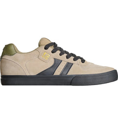 A low-top skate shoe by Skate North in beige suede with black side stripes, black laces, and a black sole, accented with an olive green heel tab and a gold logo.